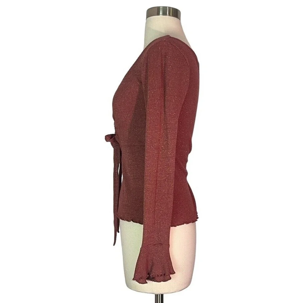 Free People Say When Metallic Gold Mauve Red Rust V-Neck Keyhole Bell Sleeve Top